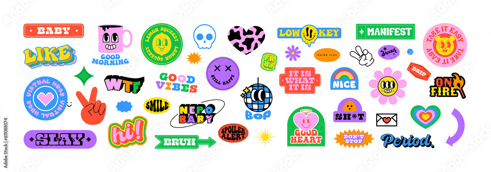 Fototapeta premium Colorful happy smiling face label shape set. Collection of trendy retro sticker cartoon shapes. Funny comic character art and quote patch bundle. Modern slang word, catchphrase sign, text slogan. 