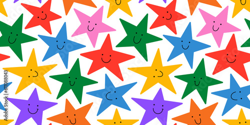 Colorful rainbow star seamless pattern illustration with funny smiling face. Diverse celebration background print. Birthday event, holiday backdrop texture, party design. photo