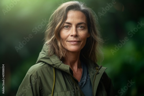 Close-up portrait photography of a glad mature girl wearing a cozy zip-up hoodie against a lush tropical jungle background. With generative AI technology