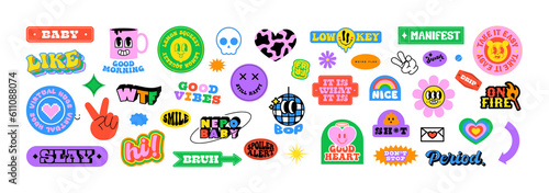 Colorful happy smiling face label shape set. Collection of trendy retro sticker cartoon shapes. Funny comic character art and quote patch bundle. Modern slang word, catchphrase sign, text slogan.	

