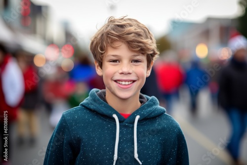 Wallpaper Mural Environmental portrait photography of a grinning kid male wearing soft sweatpants against a festive parade background. With generative AI technology Torontodigital.ca