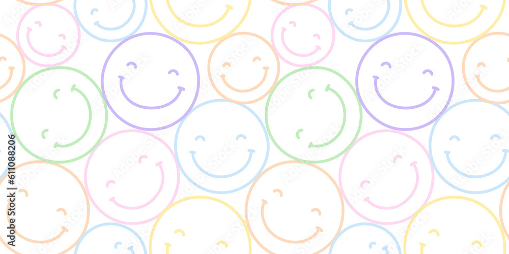 custom made wallpaper toronto digitalColorful y2k smiling face cartoon doodle seamless pattern. Funny retro smile faces background illustration. Vintage character wallpaper, fun pastel color  print.