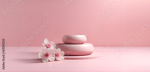 Abstract minimal concept. Round podium with sakura cherry blossom flower on pink background. Mock up template for product presentation. 3D rendering. copy text space 