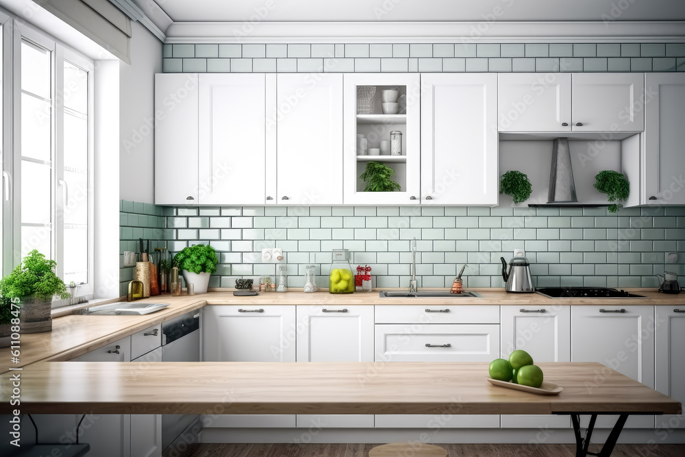 Fototapeta premium A typical white kitchen with a wooden table, with white cabinets near the wall, in the style of industrial and product design.