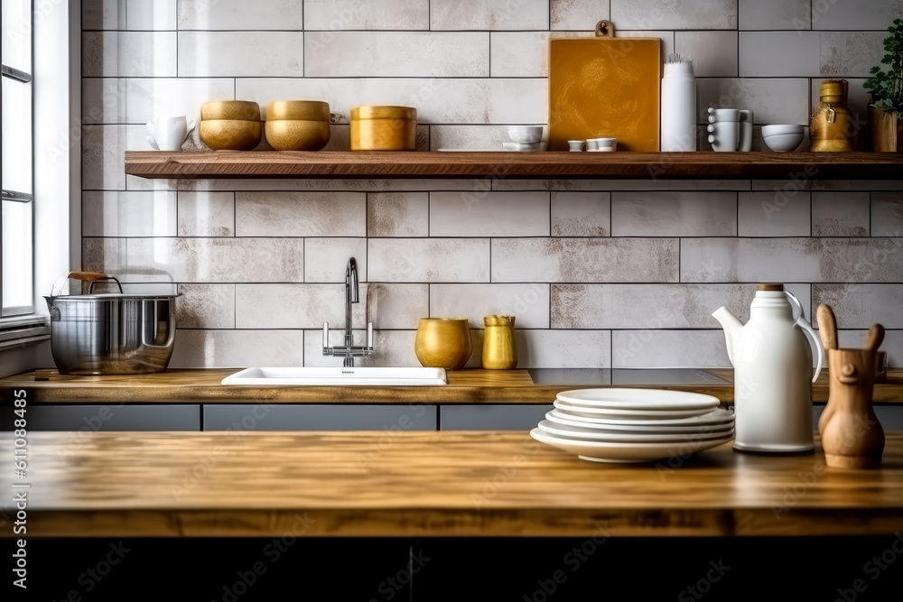 A typical white kitchen with a wooden table, with white cabinets near the wall, in the style of industrial and product design. A typical white kitchen with a wooden table, with white cabinets near the wall, in the style of industrial and product design.