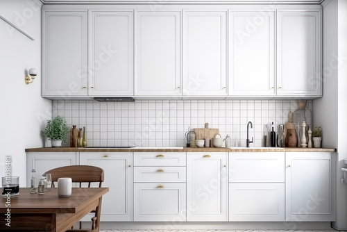 A typical white kitchen with a wooden table, with white cabinets near the wall, in the style of industrial and product design.