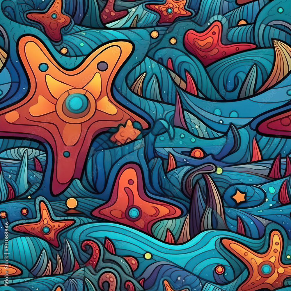 Sea stars on a beach seamless repeat pattern - fantasy colorful cubism, abstract art [Generative AI]
