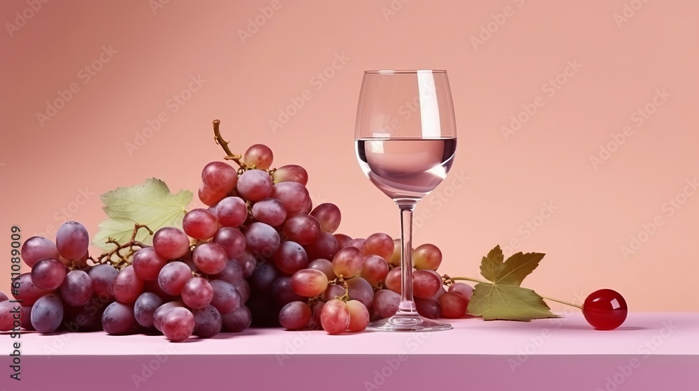 A glass of rose wine against the background of bunches of different grapes. Banner with place for text.
illustration, generative ai