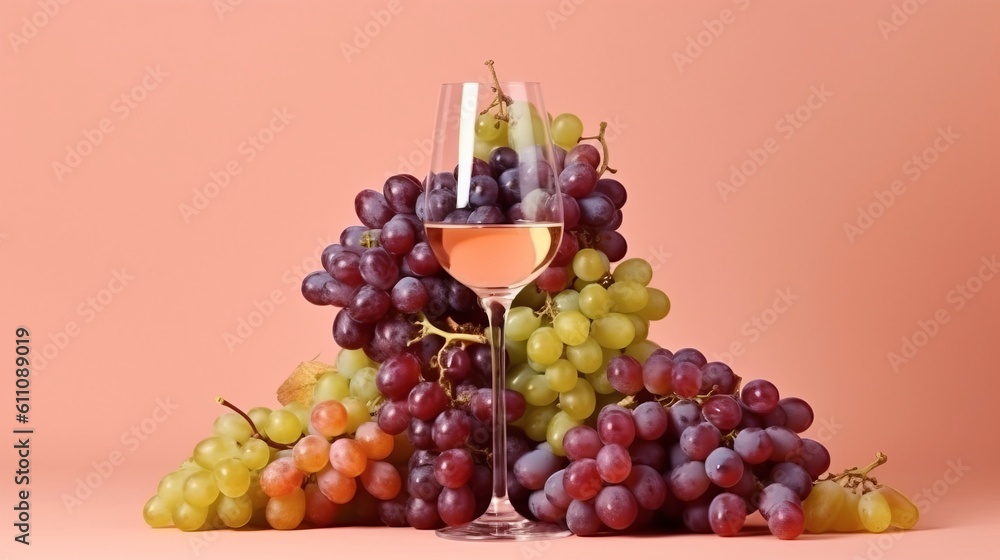 
A glass of white wine against the background of bunches of different grapes. Banner with place for text.
illustration, generative ai