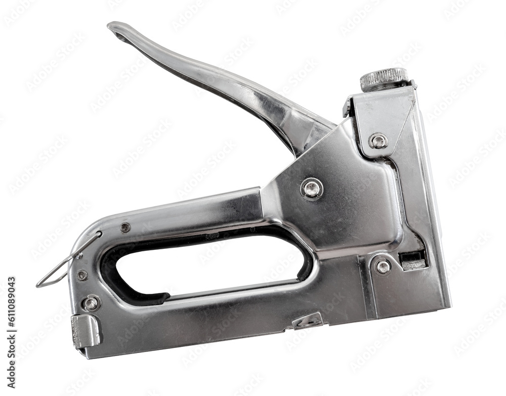 Industrial stapler for working with staples on a white background. Stapler with signs of wear and abrasions Industrial stapler for working with staples on a white background. Stapler with signs of wear and abrasions