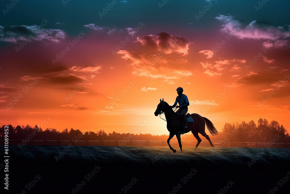 Horse racing at sunset. Silhouette of thoroughbred and jockey, Generative AI