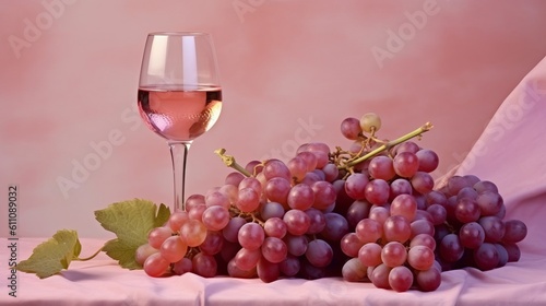 A glass of rose wine against the background of bunches of different grapes. Banner with place for text. illustration  generative ai