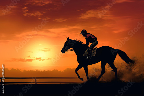 Horse racing at sunset. Silhouette of thoroughbred and jockey, Generative AI © Sasint