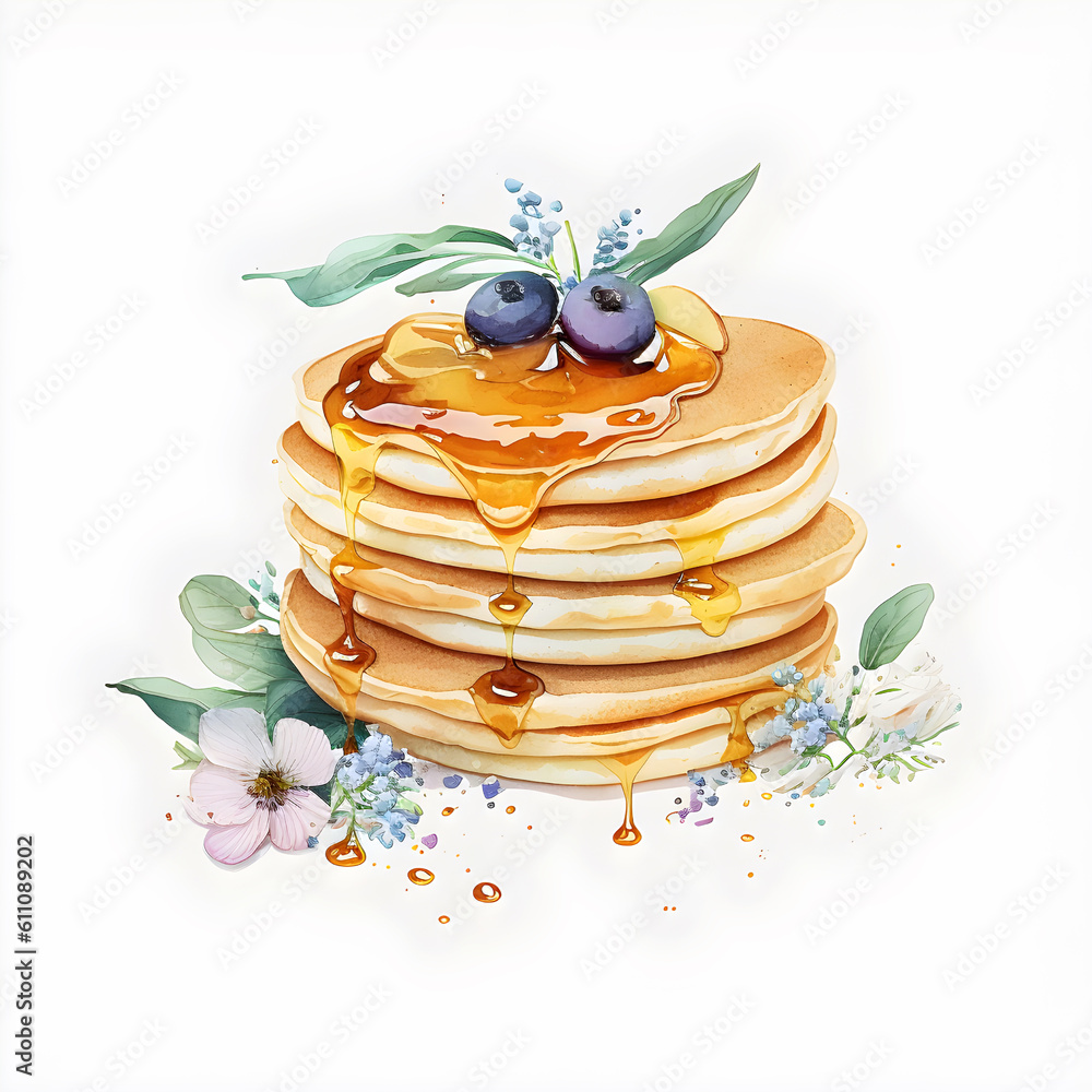 Watercolor Pancakes with blueberries and maple syrup