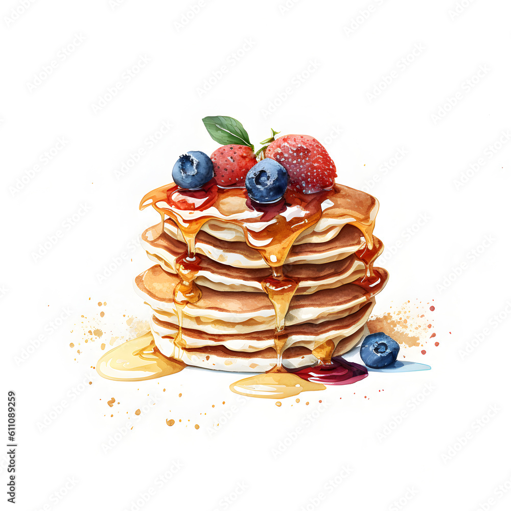 Watercolor Pancakes with blueberries, strawberries and maple syrup