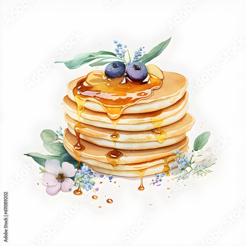 Obraz na płótnie Watercolor Pancakes with blueberries and maple syrup w salonie