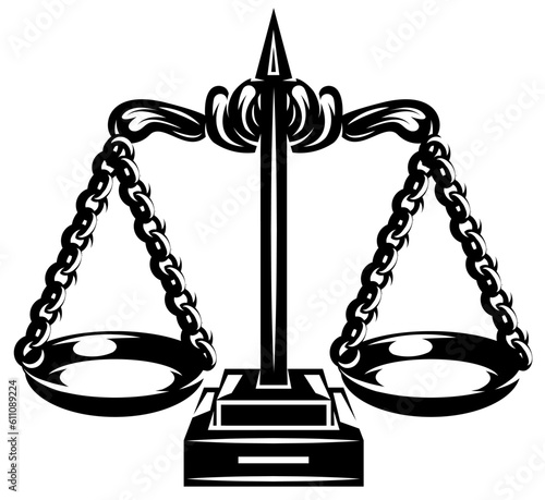 Scales of Themis for lawyers. Vector monochrome illustration. Stylish template for design