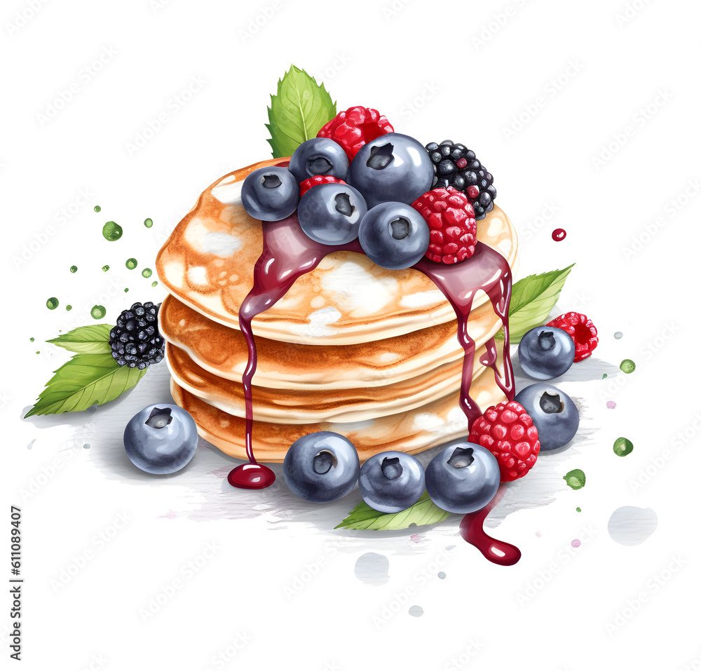 Watercolor Pancakes with blueberries and raspberries with maple syrup