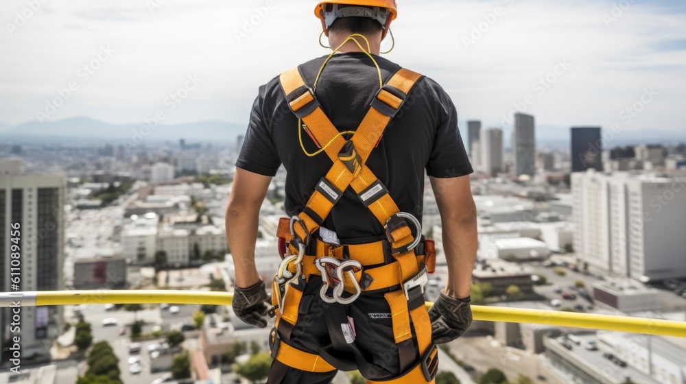 Male worker rope access industrial working at height tank oil wearing harness, helmet safety equipment rope access inspection of thickness tank - obrazy, fototapety, plakaty 