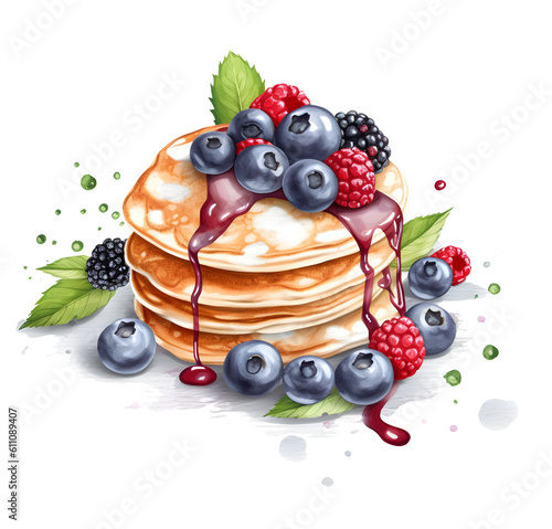 Obraz na płótnie Watercolor Pancakes with blueberries and raspberries with maple syrup w salonie