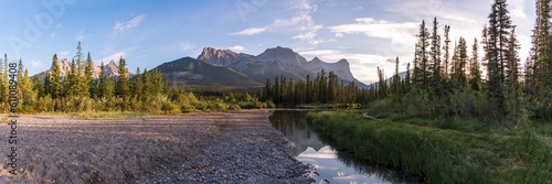 Photos Panoramic view in Canmore, during summertime with huge mountain peaks in view, creek and wilderness forest
