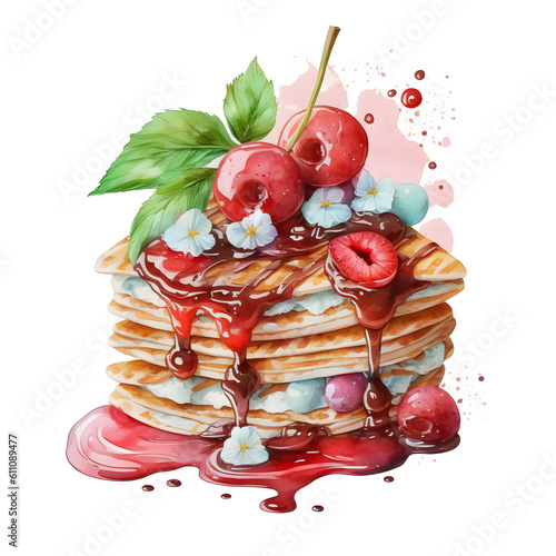 Watercolor Pancakes with cherries and maple syrup