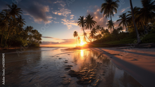 Golden Sunset Bliss  A Breathtaking Low Angle View of a Tropical Beach. Generative AI