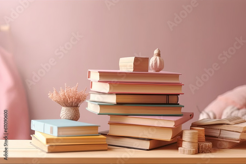 Many books on a wooden table and a pastel pink background. back to school. Education, Generative AI