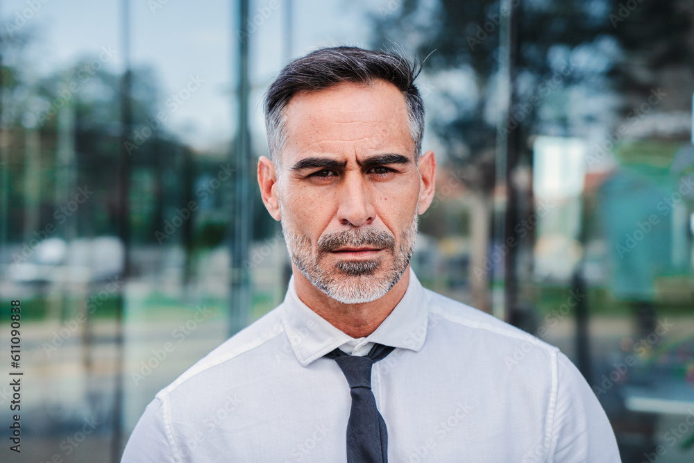 Individual close up portrait of serious mature businessman looking pensive at camera at workplace. Successful handsome corporate male executive ceo standing with confident and toughtful attitude. High Individual close up portrait of serious mature businessman looking pensive at camera at workplace. Successful handsome corporate male executive ceo standing with confident and toughtful attitude. High