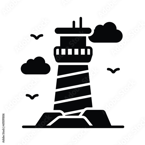 A tower containing a beacon light to warn or guide ships at sea, well designed icon of lighthouse