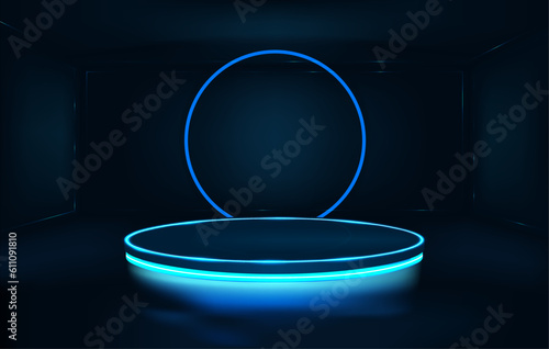 Futuristic room with circle neon podium and a round neon lamp. 3D space with empty stage. Dark Futuristic room with podium and Effect of light, glare, reflection, glow. Stage for show product. Vector