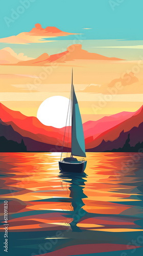 Yacht on the sea at sunset. Digital illustration in retro style