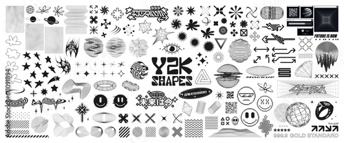 Y2k, Rave, Retrofuturistic concept elements with glitch and liquid effect. Acid Y2K geometric shapes, vaporwave elements from 90s, 80s, 00. Translation of Japanese - future is now. Vector graphic  © SergeyBitos