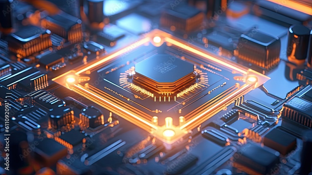 Fototapeta premium Block chain network concept technology virtual reality neon data stream gpu cpu background created with generative ai technology, quantum chip, isolinear chip, integrated circuit board, holographic