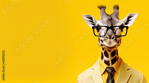 Portrait of giraffe dressed in casual costume and transparent glasses isolated on yellow background with copy space, generative AI © lena.livaya