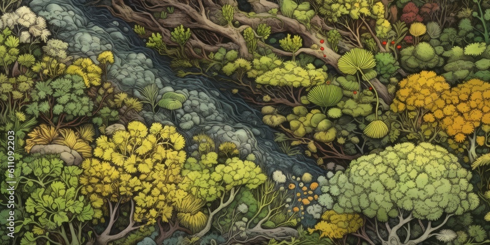 a Horizontal format, Forest floor with a stream, mushrooms, lichens, grasses, moss, leaves, background Pattern, Nature-themed, Old world illustration in JPG. Generative AI a Horizontal format, Forest floor with a stream, mushrooms, lichens, grasses, moss, leaves, background Pattern, Nature-themed, Old world illustration in JPG. Generative AI