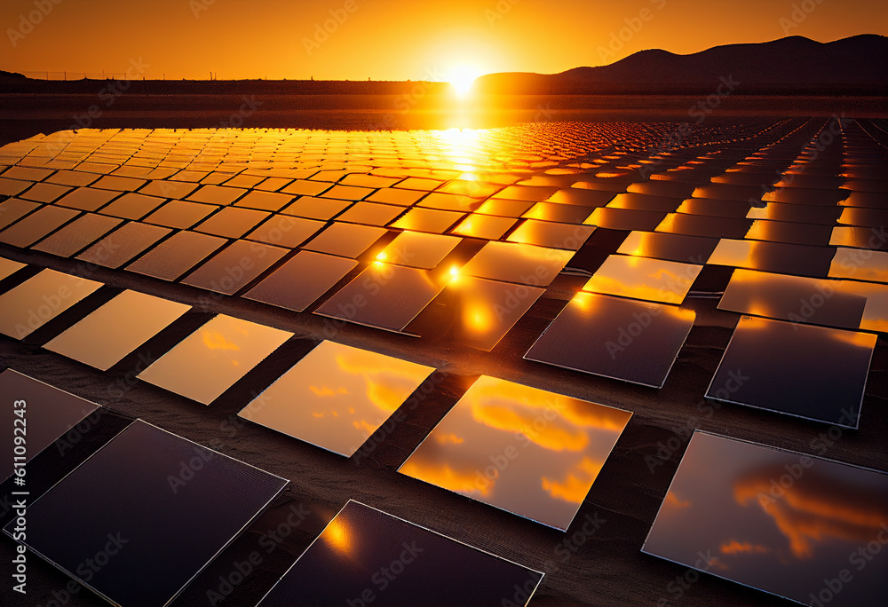 Obraz premium Long row of solar panels at sunset. AI Generated