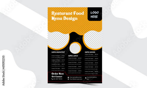 Food Menu Design Layout. Fast food restaurant business marketing social media web banner template design with abstract geometric graphic background, logo and icon. Sale promotion flyer for pizza, 