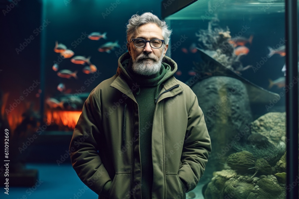 Studio portrait photography of a glad mature man wearing a warm parka against a vibrant aquarium background. With generative AI technology Studio portrait photography of a glad mature man wearing a warm parka against a vibrant aquarium background. With generative AI technology