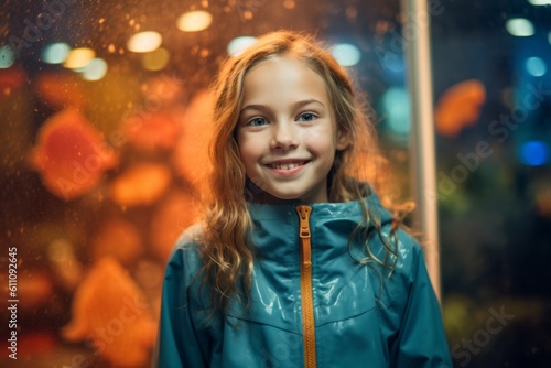 Headshot portrait photography of a happy kid female wearing a lightweight windbreaker against a vibrant aquarium background. With generative AI technology © Markus Schröder