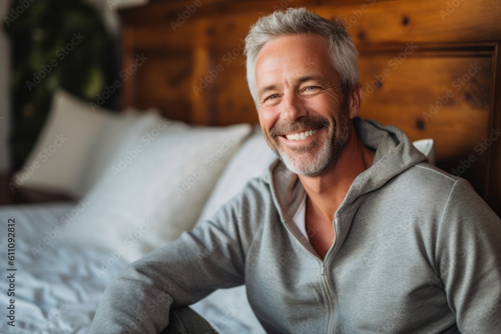 Medium shot portrait photography of a happy mature man wearing a comfortable tracksuit against a cozy bed and breakfast background. With generative AI technology Medium shot portrait photography of a happy mature man wearing a comfortable tracksuit against a cozy bed and breakfast background. With generative AI technology