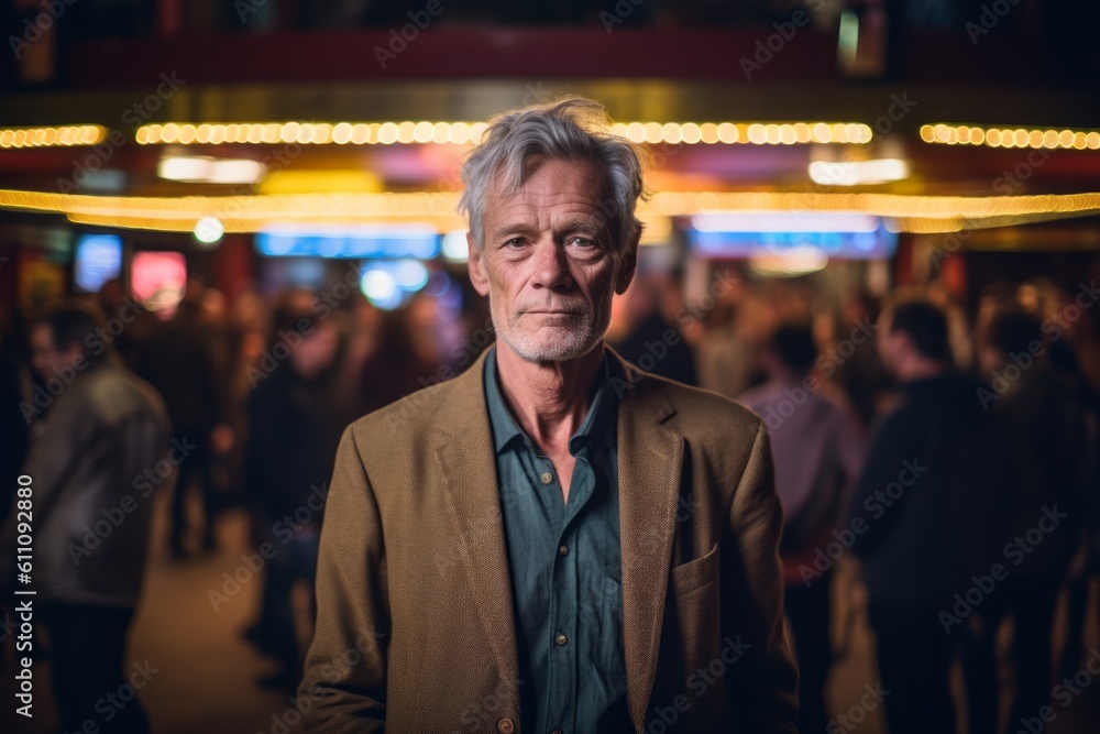 Environmental portrait photography of a glad mature man wearing a smart pair of trousers against a lively concert venue background. With generative AI technology Environmental portrait photography of a glad mature man wearing a smart pair of trousers against a lively concert venue background. With generative AI technology