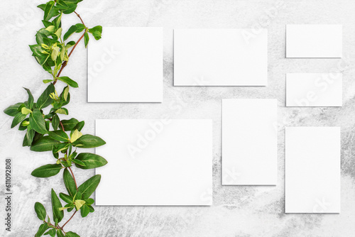 Composition of leaves and white watercolor sheets of paper on gray concrete background. Tree branches with leaves, blank cards. Nature mockup, ecology poster. Top view, flat lay, close up, copy space