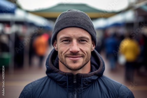 Headshot portrait photography of a glad boy in his 30s wearing a comfortable tracksuit against a bustling farmer's market background. With generative AI technology