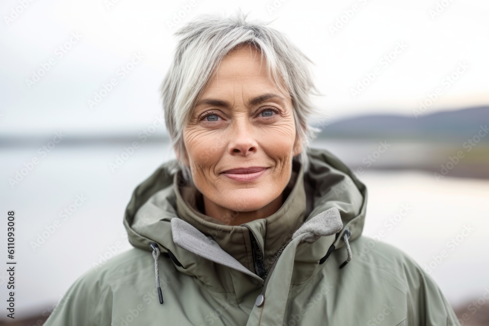 Medium shot portrait photography of a tender mature woman wearing a durable parka against a scenic lagoon background. With generative AI technology Medium shot portrait photography of a tender mature woman wearing a durable parka against a scenic lagoon background. With generative AI technology