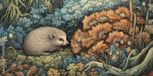 a Horizontal format, Forest floor with hedgehogs, mushrooms, lichens, grasses, moss, leaves, background Pattern, Nature-themed, Old world illustration in JPG. Generative AI