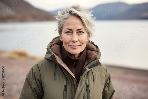 Medium shot portrait photography of a tender mature woman wearing a durable parka against a scenic lagoon background. With generative AI technology