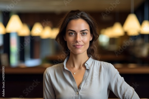 Lifestyle portrait photography of a satisfied girl in her 30s wearing a sophisticated blouse against a quiet library background. With generative AI technology