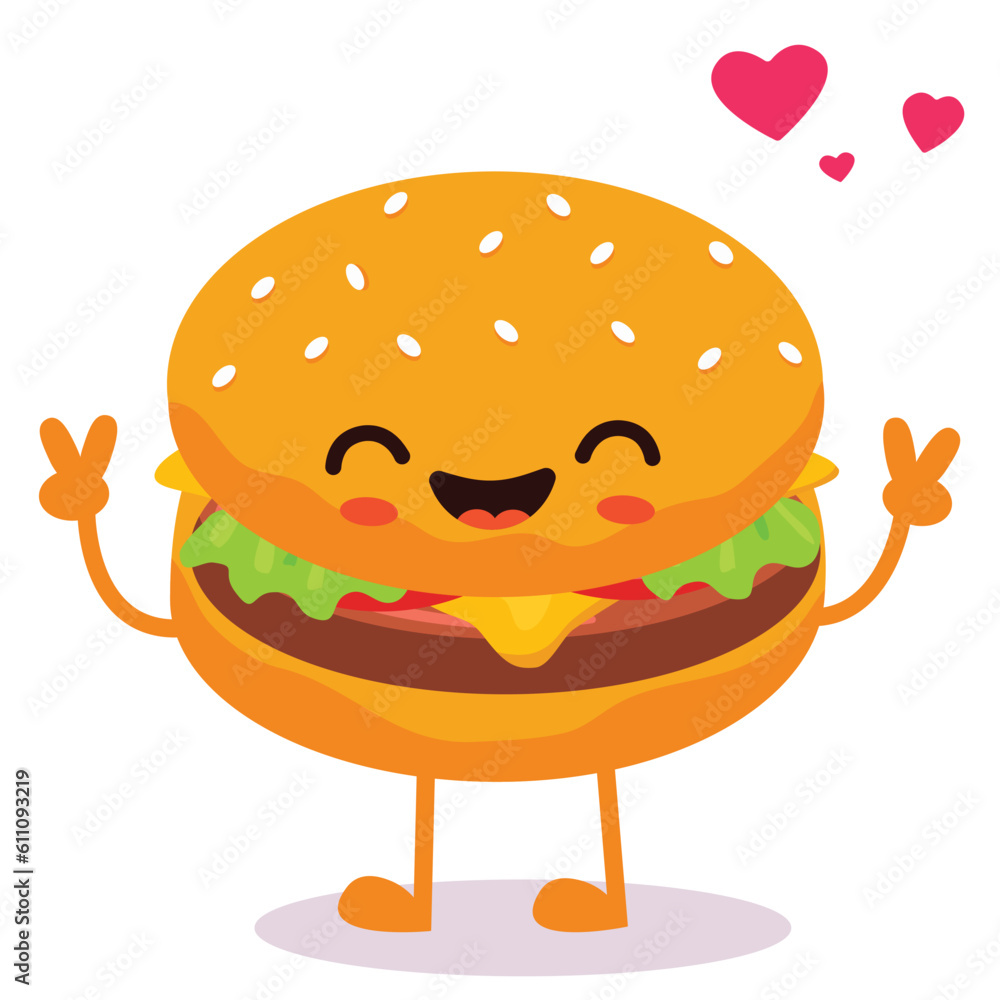 Happy smiling Kawaii cute burger. Vector flat cartoon character illustration icon design. Isolated on white background. burger, fast food Happy smiling Kawaii cute burger. Vector flat cartoon character illustration icon design. Isolated on white background. burger, fast food