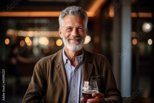 Medium shot portrait photography of a glad mature man wearing an elegant long-sleeve shirt against a lively brewery background. With generative AI technology